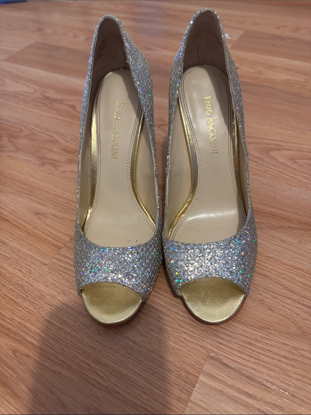 Enzo Angiolini Silver Glitter Peep-Toe Heels